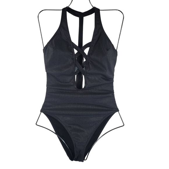 ASOS Swim One Piece Ribbed Criss Cross Front Black/Silver Metallic US 6 - Picture 1 of 6